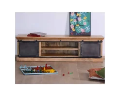 Meuble House Grand meuble TV bas 180cm bois naturel massif et métal gris 