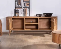 Meuble House Grand meuble TV 175cm design arrondi vintage acacia massif "Boomer" 2 portes et 2 niches