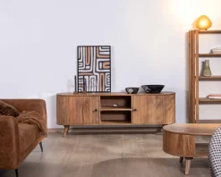 Meuble House Grand meuble TV 175cm design arrondi vintage acacia massif "Boomer" 2 portes et 2 niches
