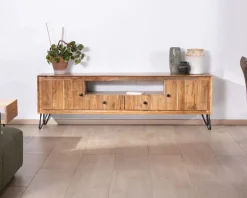 Meuble House Grand meuble TV 195 cm en acacia façades gaufrées et pieds métal "Wendy" Sale