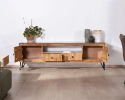 Meuble House Grand meuble TV 195 cm en acacia façades gaufrées et pieds métal 