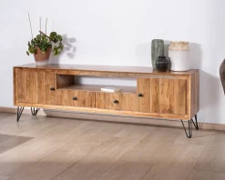 Meuble House Grand meuble TV 195 cm en acacia façades gaufrées et pieds métal 