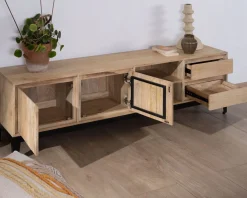 Meuble House Grand meuble TV 180 cm en manguier massif avec portes, niches et tiroirs 