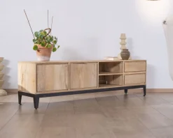 Meuble House Grand meuble TV 180 cm en manguier massif avec portes, niches et tiroirs 