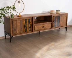 Meuble House Grand meuble TV 200cm style ethnique avec motif résine "Membatu" acacia massif et piètement métal Hot