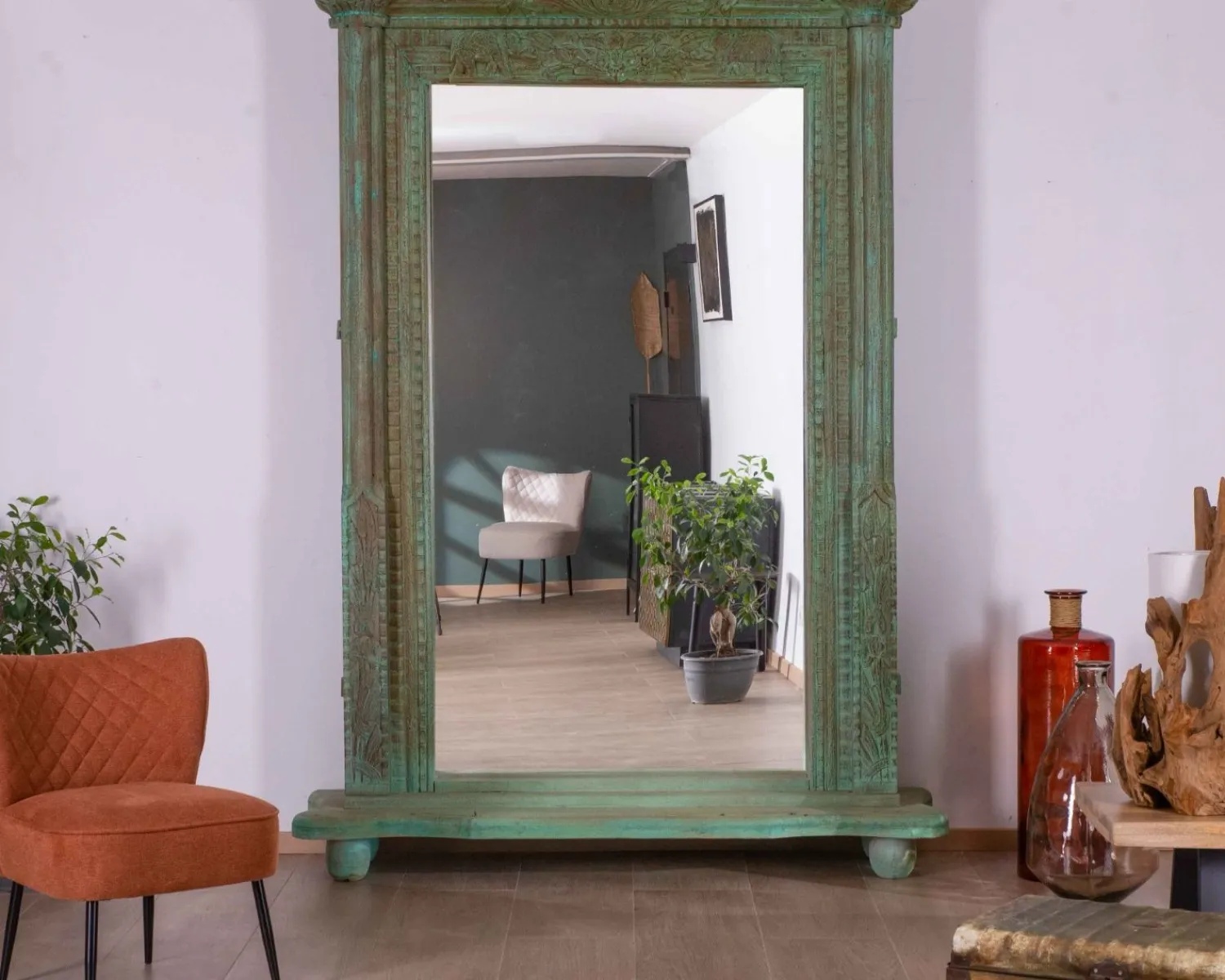 Meuble House Grand miroir avec cadre indien en bois "Vieille Porte" pièce unique Outlet