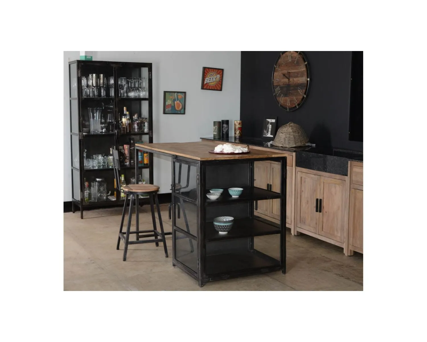 Meuble House Ilot de cuisine en bois et métal noir 150 cm "Black Cook" Clearance