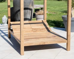 Meuble House Lit de jardin en teck et tissu spécial extérieur gris clair