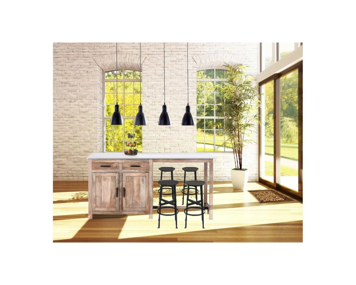 Meuble House Îlot central bois et quartz blanc avec coin repas "Grand Chef" New