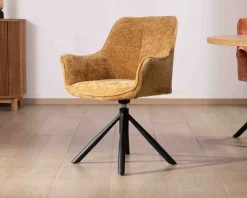 Meuble House Lot de 2 chaises avec accoudoirs en tissu jaune et pied métal pivotant