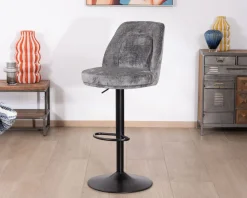 Meuble House Lot de 2 chaises de bar hauteur réglable en velours gris et pied métal noir 