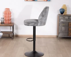 Meuble House Lot de 2 chaises de bar hauteur réglable en velours gris et pied métal noir 