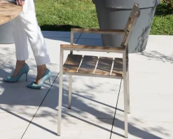 Meuble House Lot de 4 chaises de jardin empilables en teck et acier inoxydable