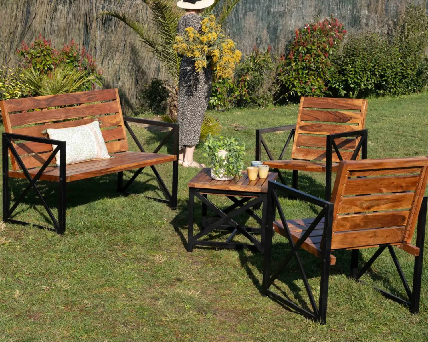 Meuble House Lot de 2 chaises de jardin en bois et métal "Gardénia" Discount