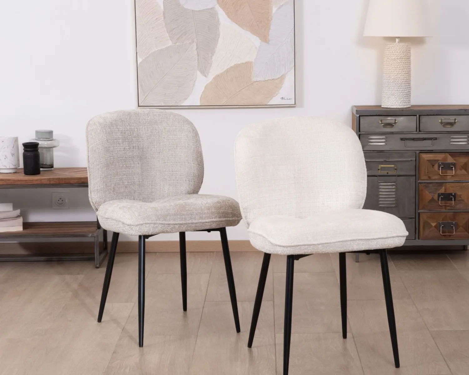 Meuble House Lot de 2 chaises de repas confort style scandinave "Kinsac" en tissu bouclette blanc Best