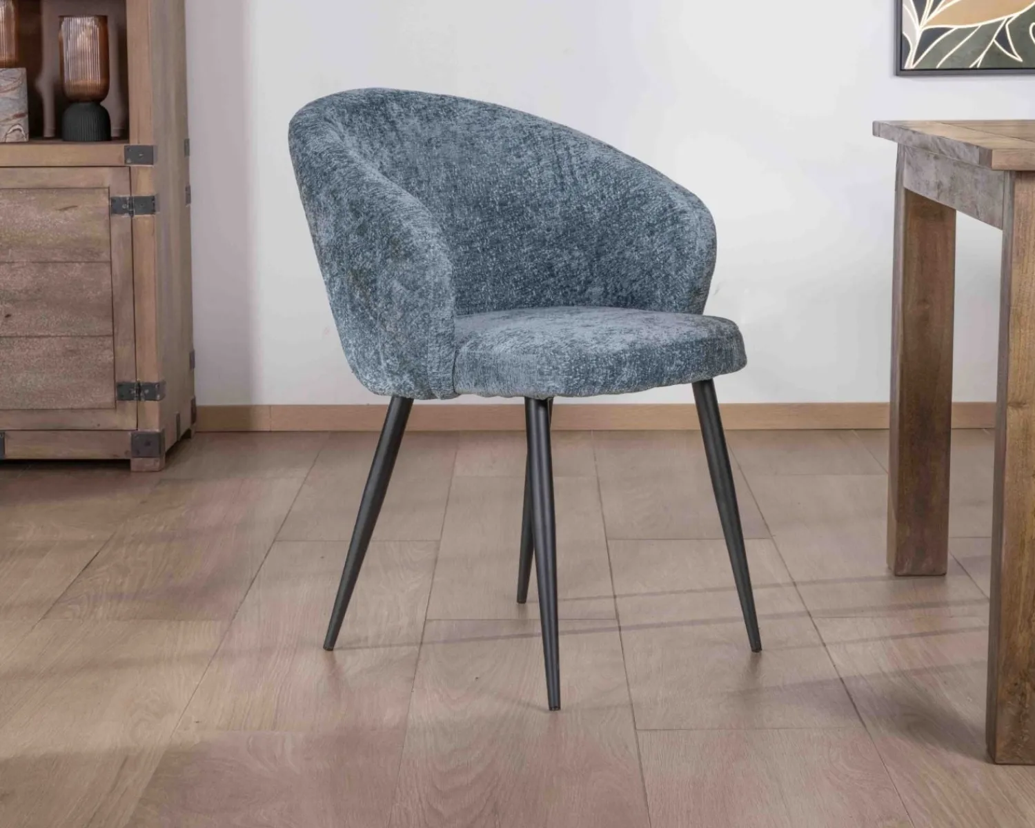 Meuble House Lot de 2 chaises de repas design en tissu bleu et pieds métal noirs "Kandy" New