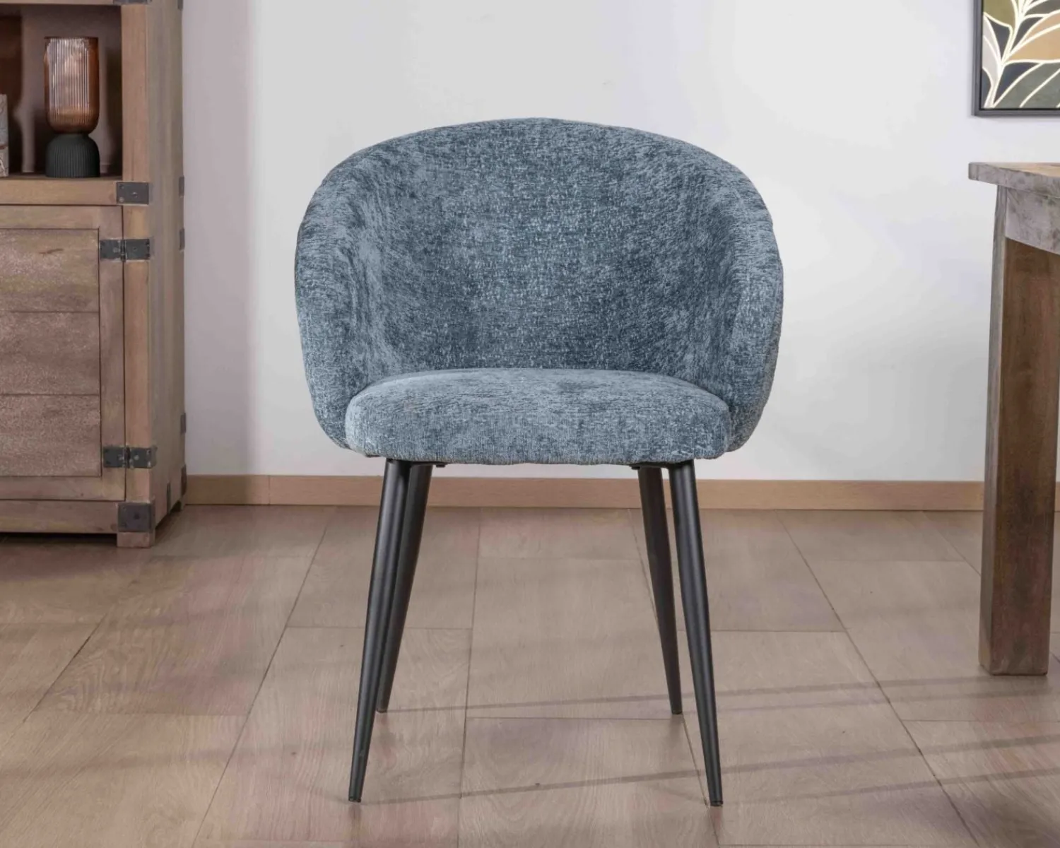 Meuble House Lot de 2 chaises de repas design en tissu bleu et pieds métal noirs "Kandy" New