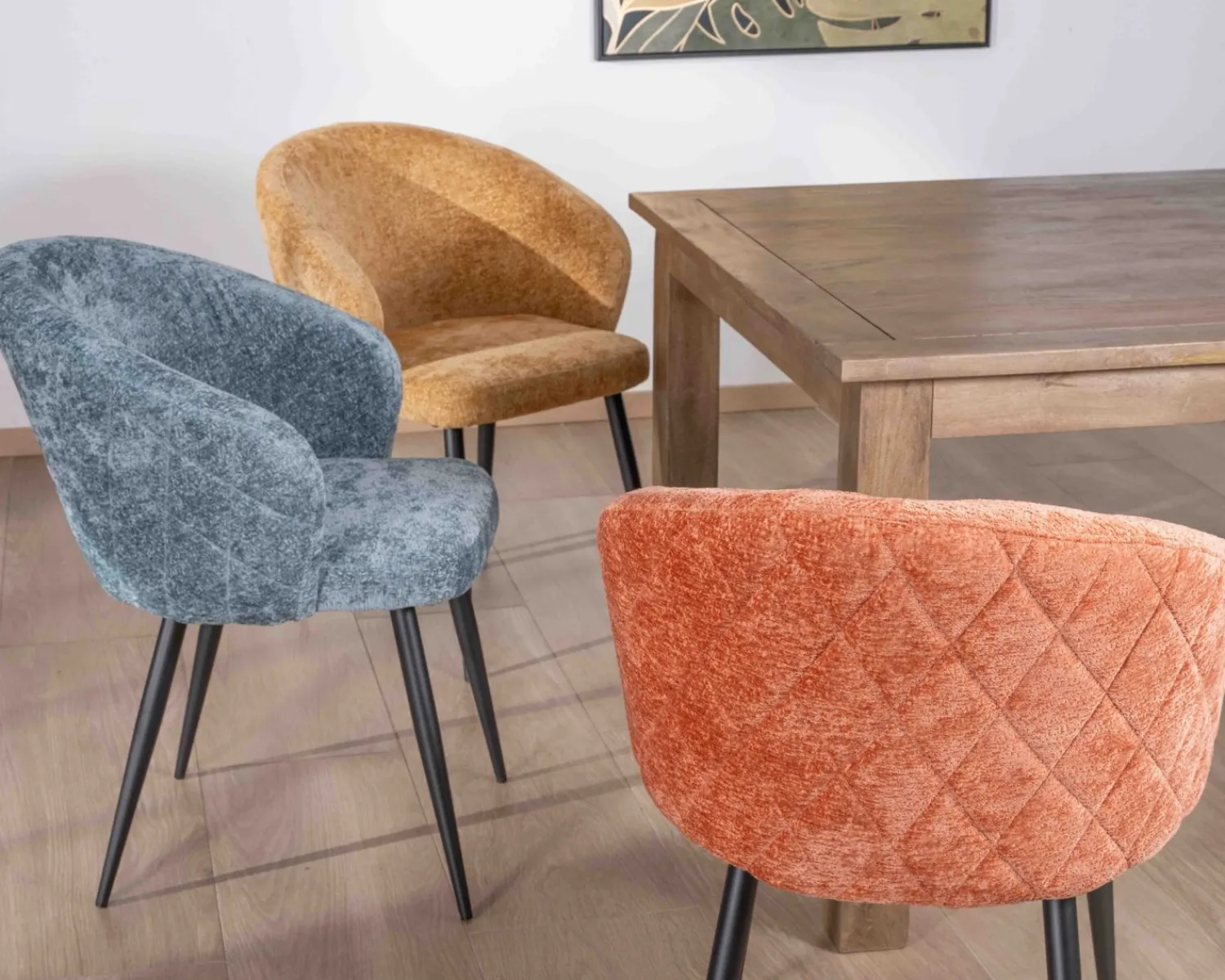Meuble House Lot de 2 chaises de repas design en tissu bleu et pieds métal noirs "Kandy" New
