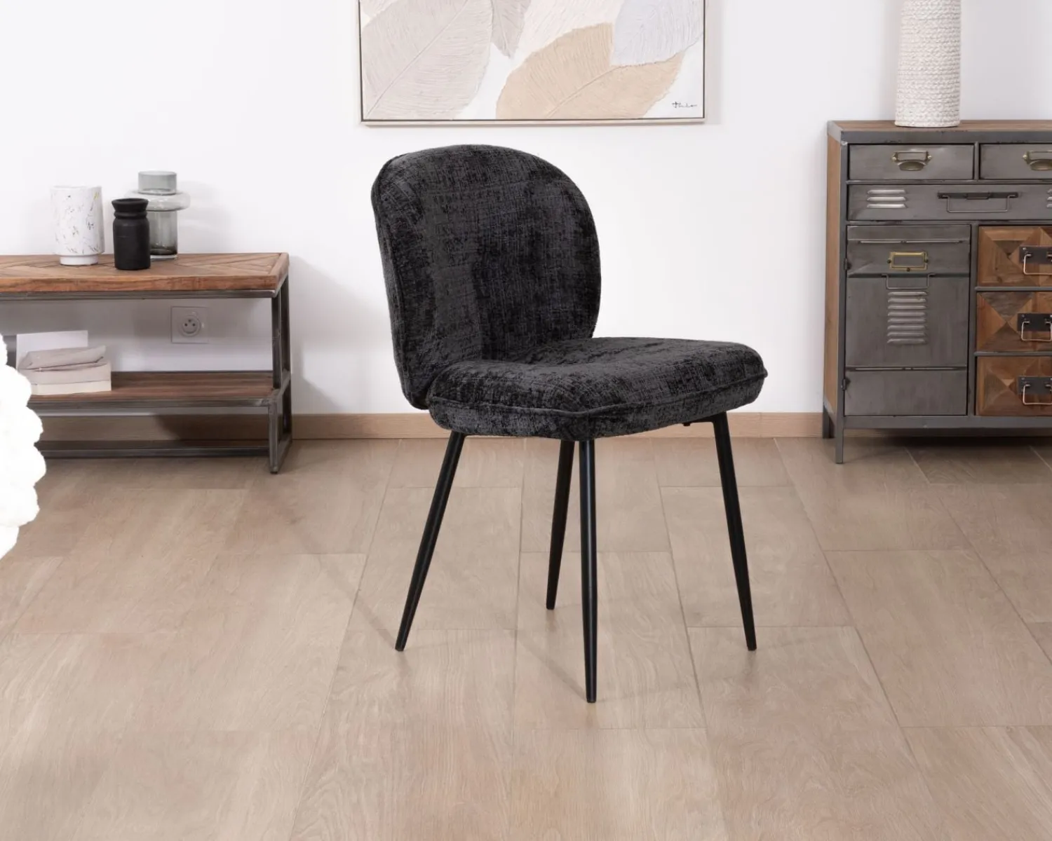 Meuble House Lot de 2 chaises de repas design arrondi en tissu noir et pieds métal "Kinsac" Best