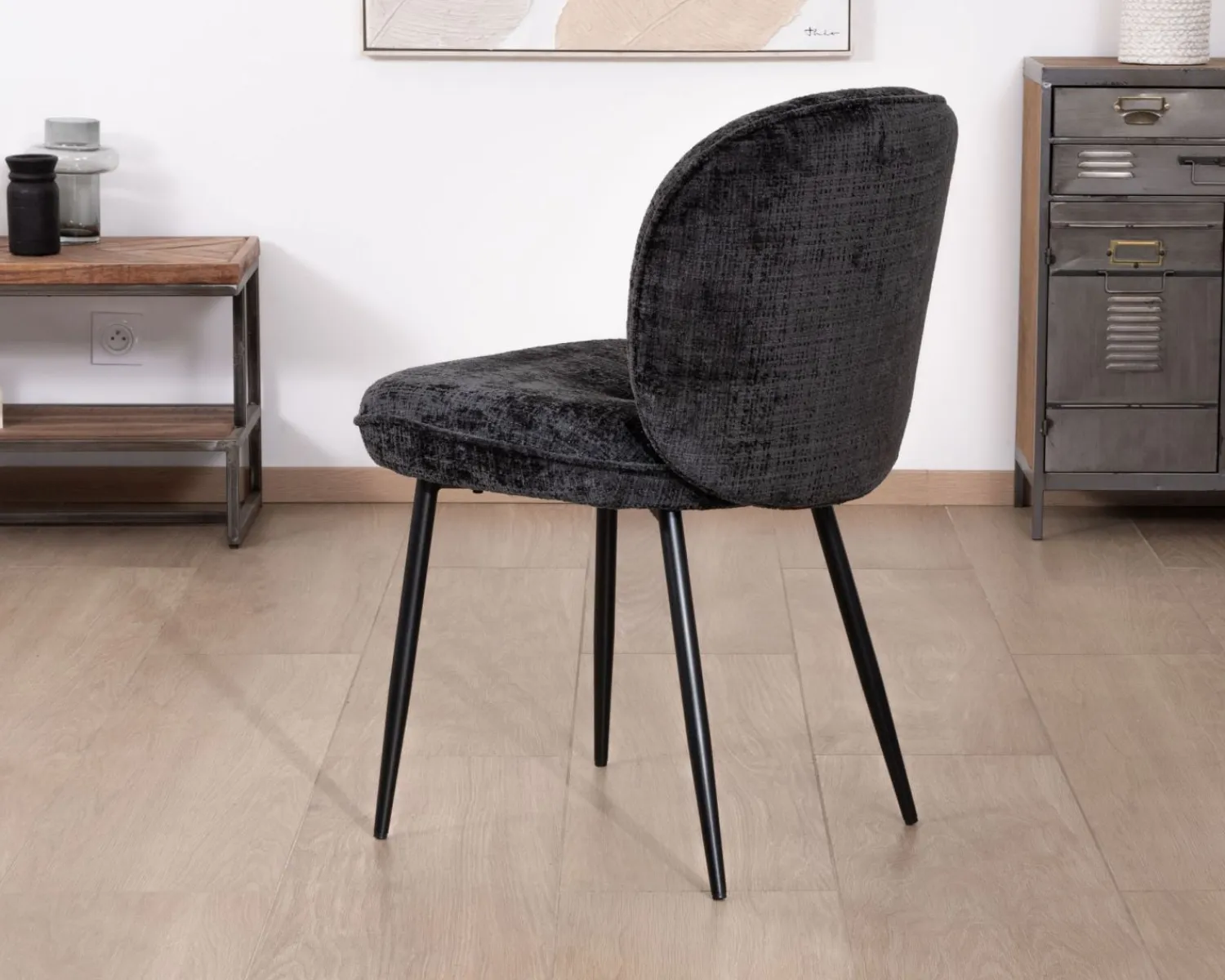 Meuble House Lot de 2 chaises de repas design arrondi en tissu noir et pieds métal "Kinsac" Best