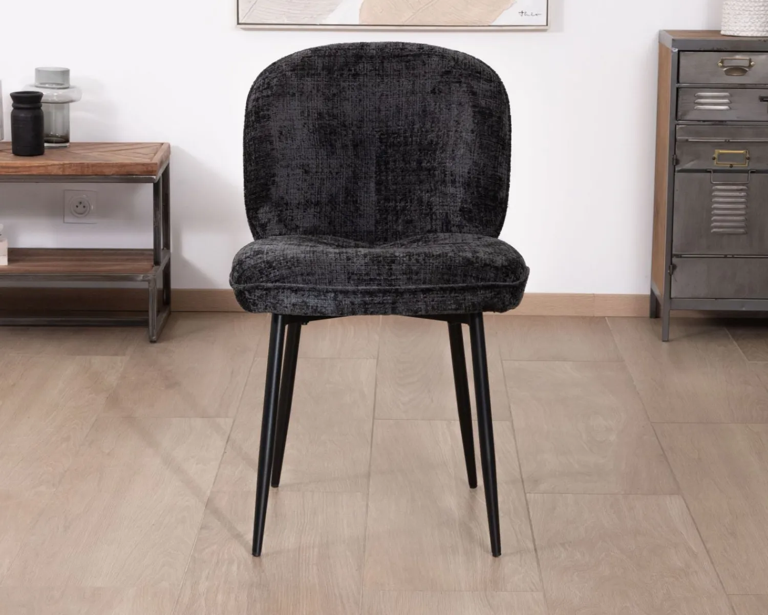 Meuble House Lot de 2 chaises de repas design arrondi en tissu noir et pieds métal "Kinsac" Best