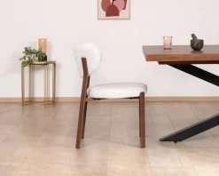 Meuble House Lot de 2 chaises de repas empilables esprit rétro en tissu tramé blanc "Staccato" pieds aspect bois foncé Discount