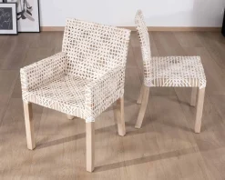 Meuble House Lot de 2 chaises de repas en teck et cuir blanc tressé
