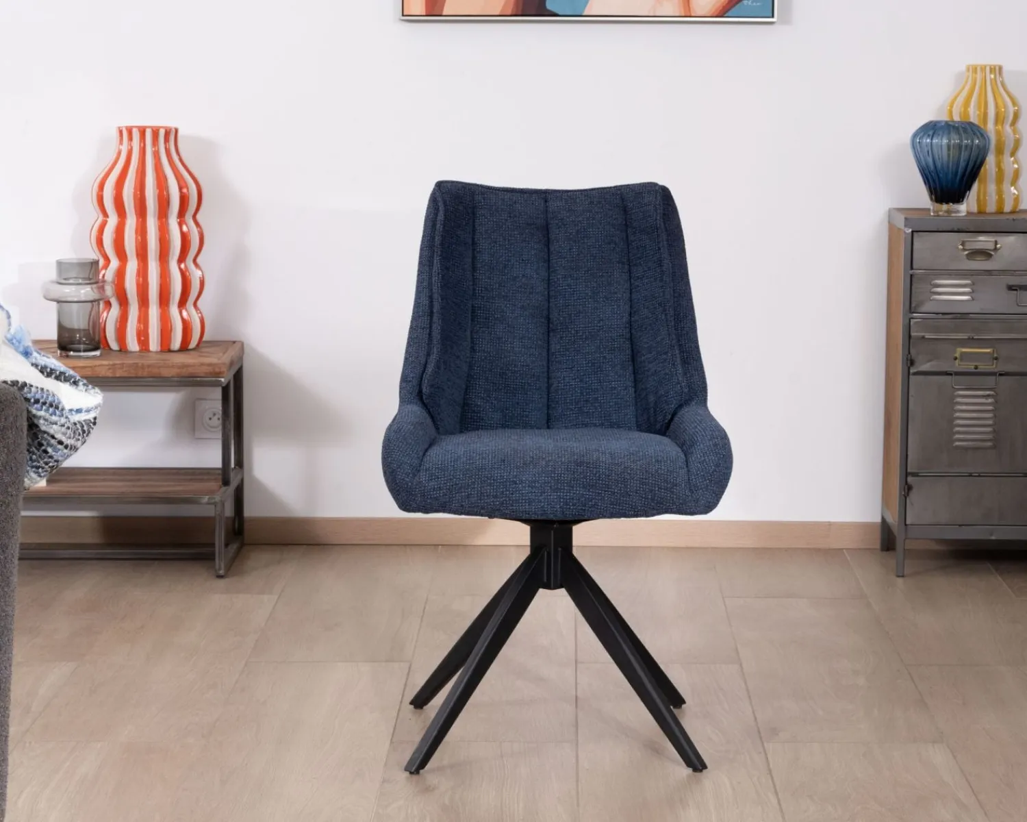Meuble House Lot de 2 chaises de repas en tissu bleu nuit "Webber" assise design et pied 4 branches pivotant en métal Clearance