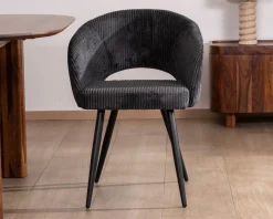 Meuble House Lot de 2 chaises de repas en velours côtelé anthracite et pieds métal noir vintage