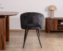 Meuble House Lot de 2 chaises de repas en velours côtelé anthracite et pieds métal noir vintage