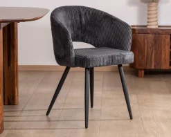 Meuble House Lot de 2 chaises de repas en velours côtelé anthracite et pieds métal noir vintage