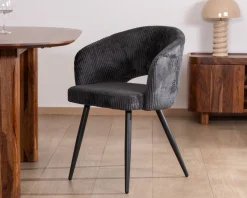 Meuble House Lot de 2 chaises de repas en velours côtelé anthracite et pieds métal noir vintage