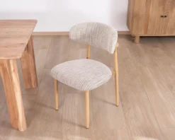 Meuble House Lot de 2 chaises de repas esprit rétro en tissu beige tramé marron "Arpège" pieds métal aspect bois clair