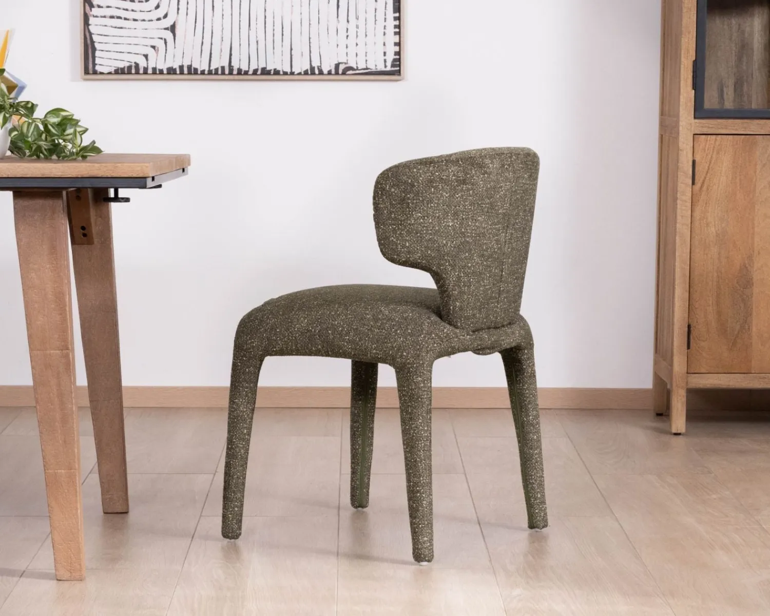 Meuble House Lot de 2 chaises de repas habillage intégral esprit design “Milano” en tissu chiné vert kaki New