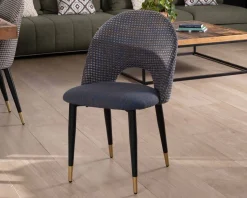 Meuble House Lot de 2 chaises en tissu bleu foncé et pieds métal laqué noir 
