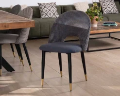 Meuble House Lot de 2 chaises en tissu bleu foncé et pieds métal laqué noir 