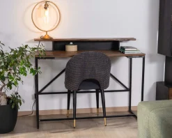 Meuble House Lot de 2 chaises en tissu bleu foncé et pieds métal laqué noir 