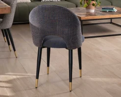 Meuble House Lot de 2 chaises en tissu bleu foncé et pieds métal laqué noir 