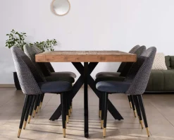 Meuble House Lot de 2 chaises en tissu bleu foncé et pieds métal laqué noir 