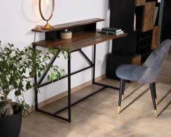 Meuble House Lot de 2 chaises en tissu bleu foncé et pieds métal laqué noir 