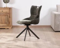 Meuble House Lot de 2 chaises en tissu vert sur pied rotatif en métal