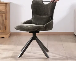 Meuble House Lot de 2 chaises en tissu vert sur pied rotatif en métal