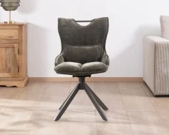Meuble House Lot de 2 chaises en tissu vert sur pied rotatif en métal
