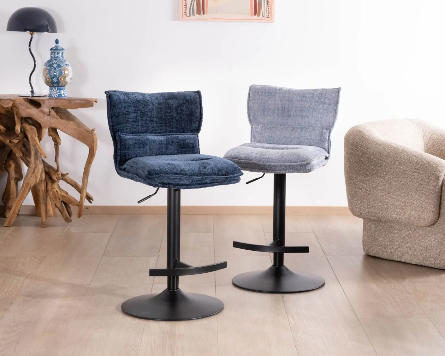 Meuble House Lot de 2 chaises hautes matelassées réglables en hauteur "Topley" tissu coloris bleu nuit Sale
