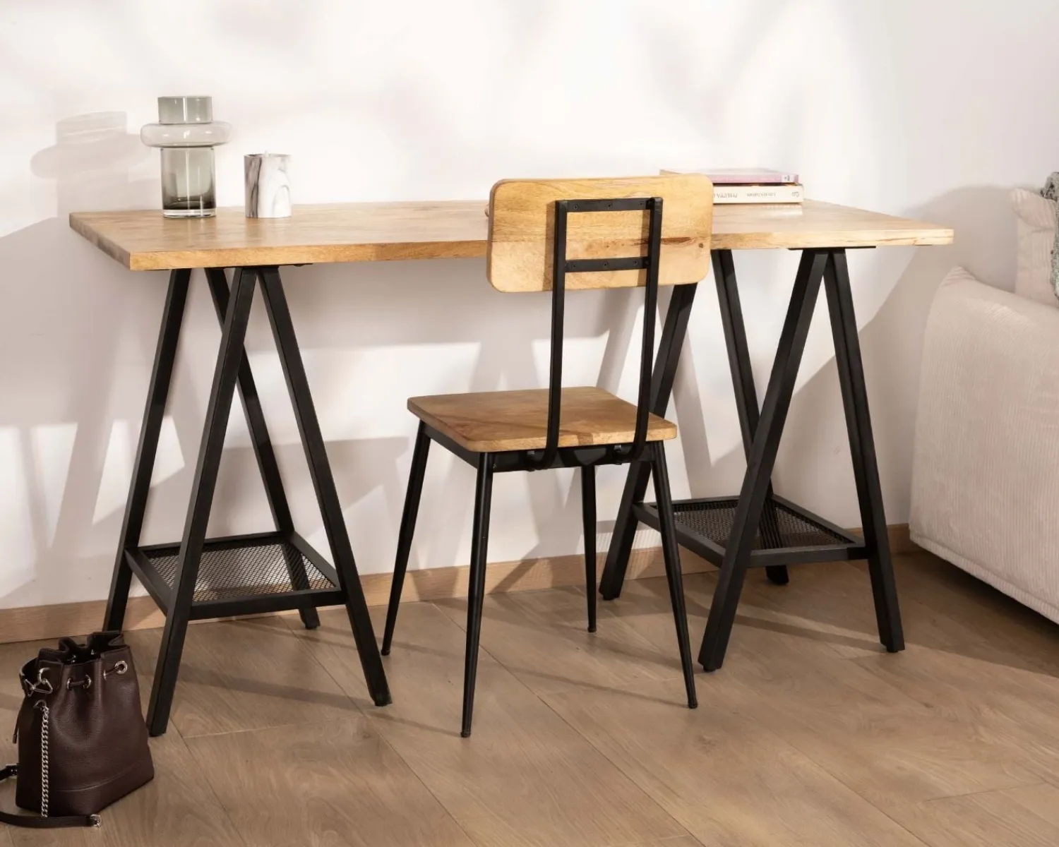 Meuble House Lot de 2 chaises industrielles bois massif métal noir "Atelier Kraft" New