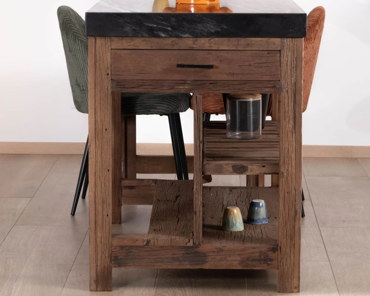 Meuble House Îlot de cuisine en teck recyclé avec coin snack extensible "Grana" plateau marbre noir Hot