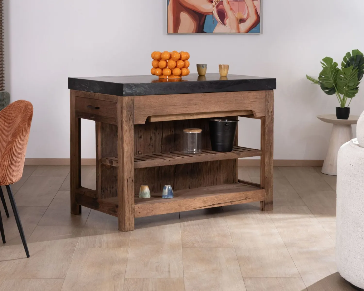 Meuble House Îlot de cuisine en teck recyclé avec coin snack extensible "Grana" plateau marbre noir Hot