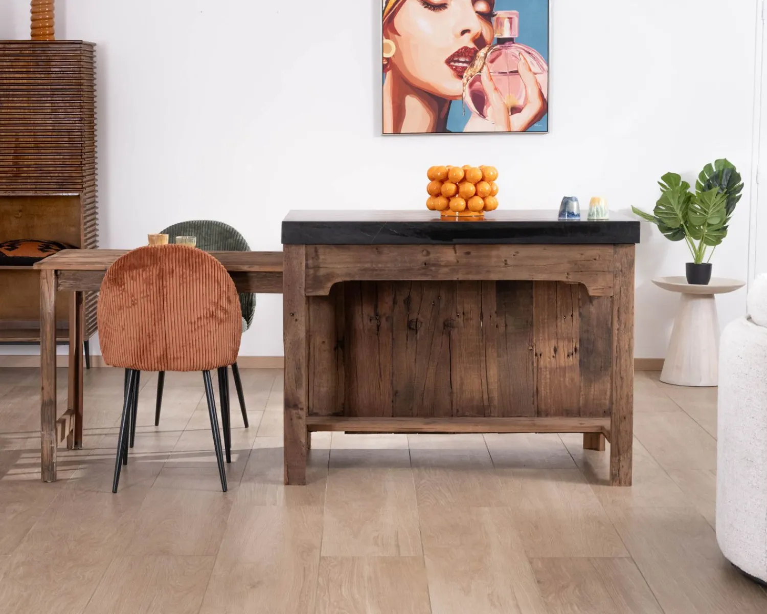 Meuble House Îlot de cuisine en teck recyclé avec coin snack extensible "Grana" plateau marbre noir Hot