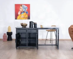 Meuble House Îlot de cuisine noir avec coin repas "Grand Chef" en manguier et granit