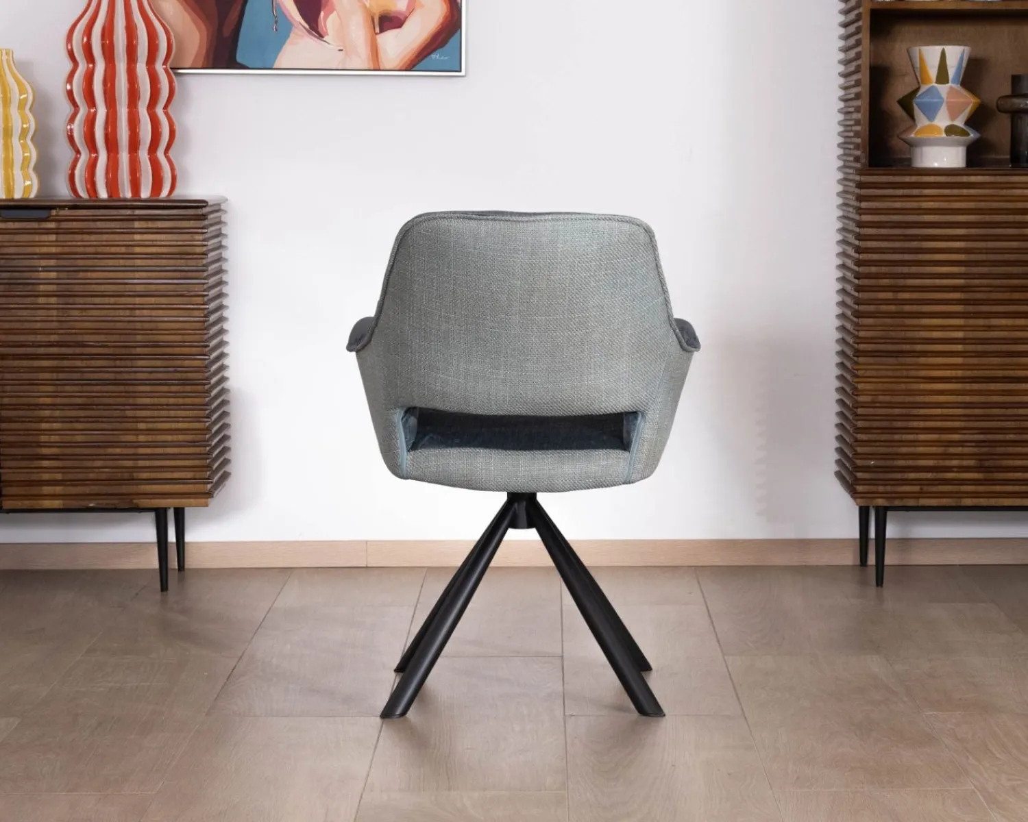 Meuble House Lot de 2 fauteuils de repas contemporains en tissu bi texture bleu "Chilko" pied pivotant en métal